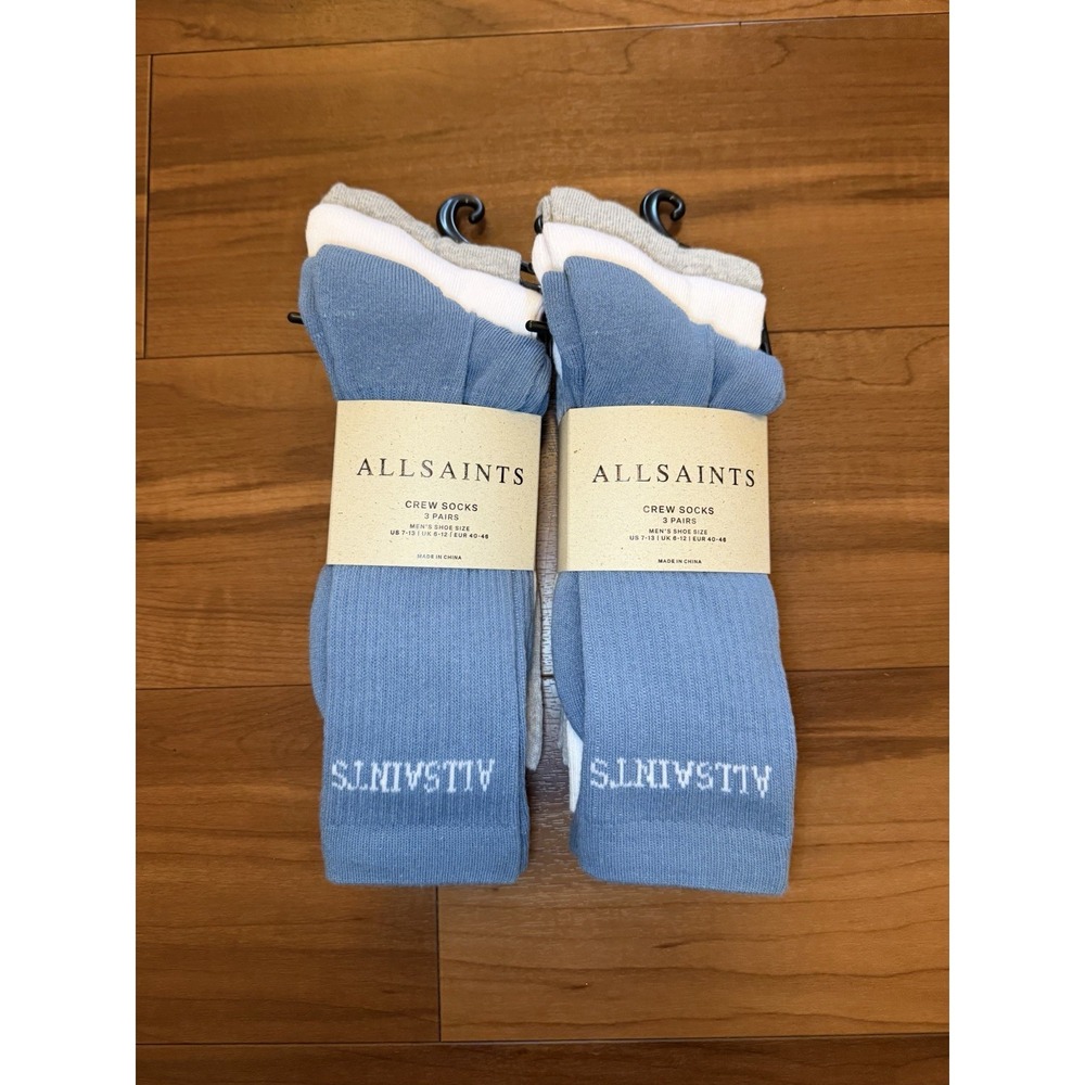 (2) AllSaints Crew Socks 3 Pair Bundle Blue White Gray 7-13 (6 Total Pairs) NWT